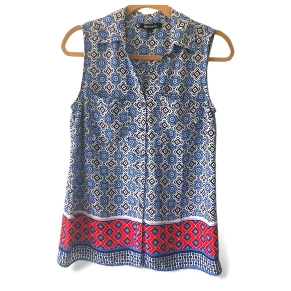 RELATIVITY Sleeveless Button Down Royal Blue Red/Orange Accent Women’s S…
